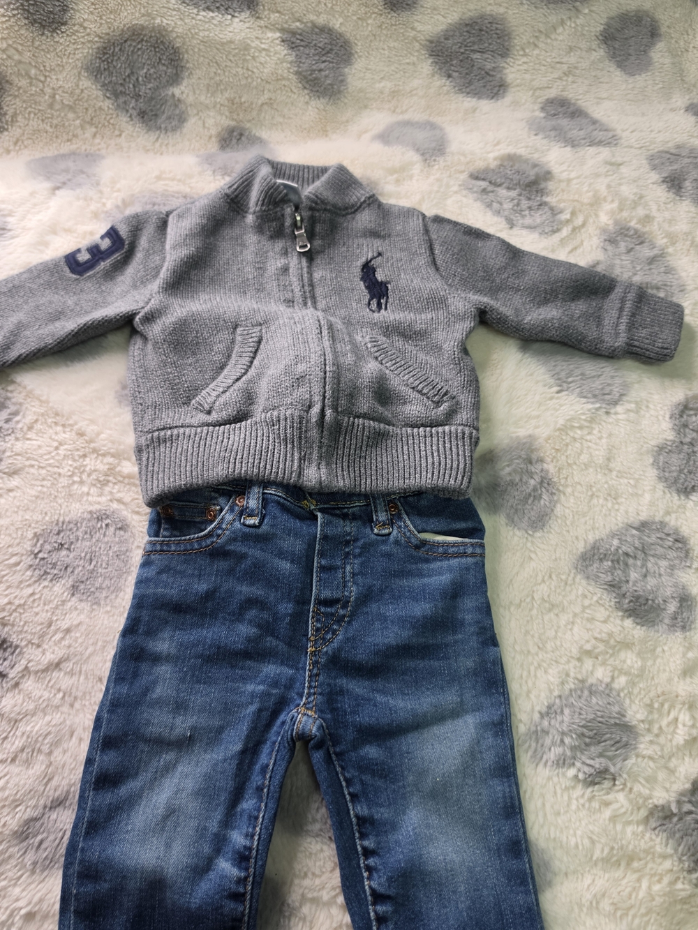Ralph Lauren Gray Knit Zip Sweater with Navy Pony and Polo Denim